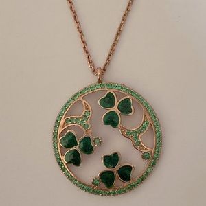 Necklace clover 925 silver green enamel zirconia cz stones 14k rose gold plated